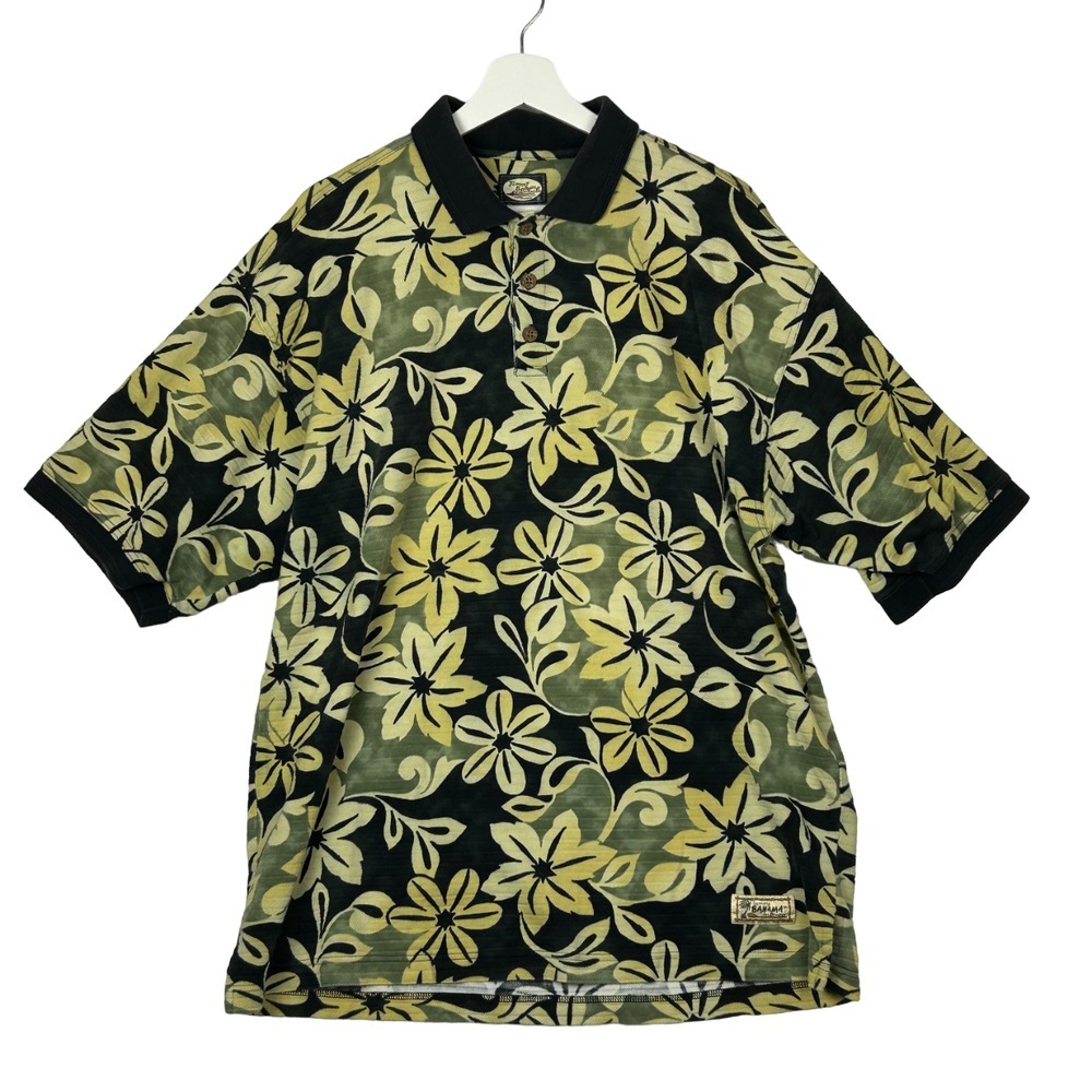 Tommy Bahama Polo Shirt Mens L Hawaiian Floral An Original Black Yellow Cotton